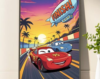 Exciting Lightning McQueen And Mater Art Print Poster Colorful Cars Movie Wall Art Perfect For Kids' Rooms And Racing Fans