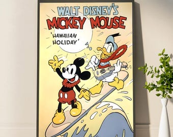 Póster vintage de Mickey Mouse y el Pato Donald, obra de arte navideña hawaiana