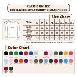 Puede incluir: Una tabla de tallas y colores para una sudadera de cuello redondo unisex cl&aacute;sica. La tabla muestra las medidas en pulgadas para las tallas S a 5XL, incluyendo ancho, largo y largo de manga. Una tabla de colores muestra varias opciones.