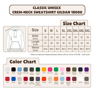 Puede incluir: Imagen de una sudadera unisex cl&aacute;sica con cuello redondo. La imagen incluye una tabla de tallas con medidas en pulgadas y una tabla de colores. El texto "CLASSIC UNISEX CREW-NECK SWEATSHIRT GILDAN 18000" se muestra en la parte superior.