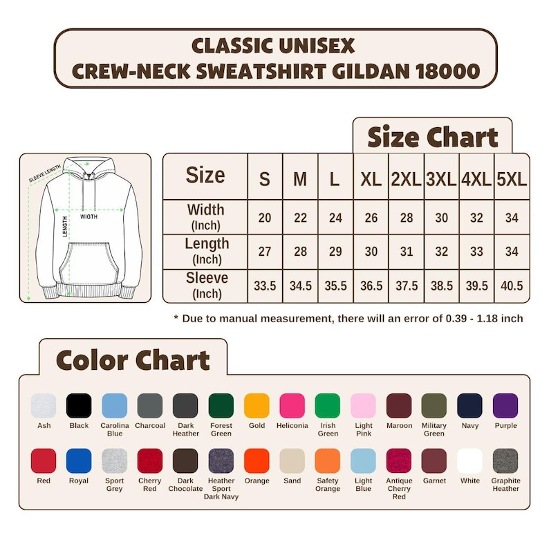 Puede incluir: Imagen de una sudadera unisex cl&aacute;sica con cuello redondo. La imagen incluye una tabla de tallas con medidas en pulgadas y una tabla de colores. El texto "CLASSIC UNISEX CREW-NECK SWEATSHIRT GILDAN 18000" se muestra en la parte superior.