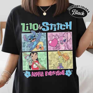 May include: Black t-shirt with a vibrant graphic of Lilo & Stitch characters. The design includes the text "Lilo & Stitch" and "ALOHA EVERYONE". The shirt is labelled "Comfort Colors Black".