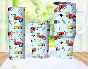 Boys' Race Car Travel Mugs Rev Up Your Sip Lightning McQueen Tumbler Set Racing Dreams Whimsical Cars Pattern Drinkware