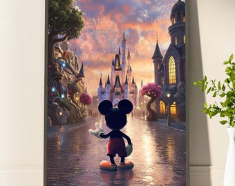 Póster de Castillo Mágico al Atardecer con un Lindo Personaje de Ratón de Dibujos Animados. Impresión de Paisaje Fantástico y Caprichoso para Decoración del Hogar