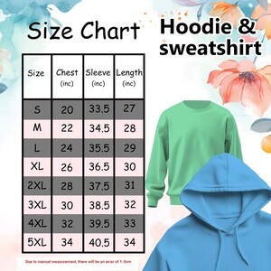 K&ouml;nnte beinhalten: Gr&ouml;&szlig;entabelle f&uuml;r Hoodies und Sweatshirts, mit Brust-, &Auml;rmel- und L&auml;ngenma&szlig;en in Zoll. Die Tabelle umfasst die Gr&ouml;&szlig;en S bis 5XL. Gezeigt werden zwei Sweatshirts, eines in Mintgr&uuml;n und eines in Hellblau.
