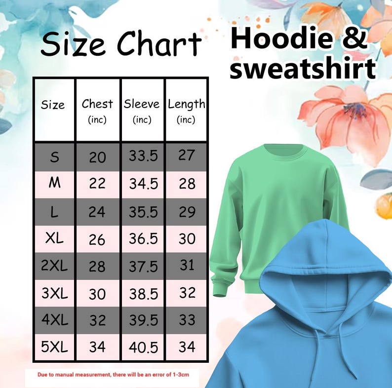 K&ouml;nnte beinhalten: Gr&ouml;&szlig;entabelle f&uuml;r Hoodies und Sweatshirts, mit Brust-, &Auml;rmel- und L&auml;ngenma&szlig;en in Zoll. Die Tabelle umfasst die Gr&ouml;&szlig;en S bis 5XL. Gezeigt werden zwei Sweatshirts, eines in Mintgr&uuml;n und eines in Hellblau.