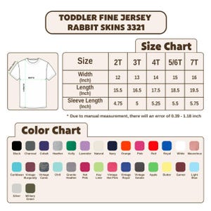 Puede incluir: Una tabla de tallas y colores para camisetas de punto fino para ni&ntilde;os peque&ntilde;os. La tabla incluye medidas en pulgadas para el ancho, largo y largo de manga para las tallas 2T a 7T. Una tabla de colores muestra varios colores.