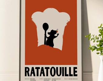 May include: A framed poster featuring the movie title "RATATOUILLE" in bold white letters. The poster has a red-orange background with a silhouette of a chef's hat and a rat holding a spoon. The poster's bottom has the movie's credits.
