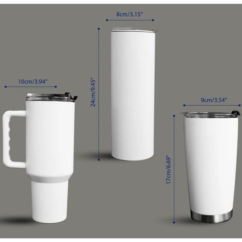 May include: Three white insulated tumblers with black lids are displayed. The tumbler on the left has a handle and is 10cm wide. The center tumbler is 24cm tall and 8cm wide. The tumbler on the right is 17cm tall and 9cm wide.