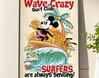 Wave Crazy Surf Club Art Mickey Mouse and Pluto Surfing Adventure Mickey Mouse Surfer Poster Fun Vibes for Every Beach Lover