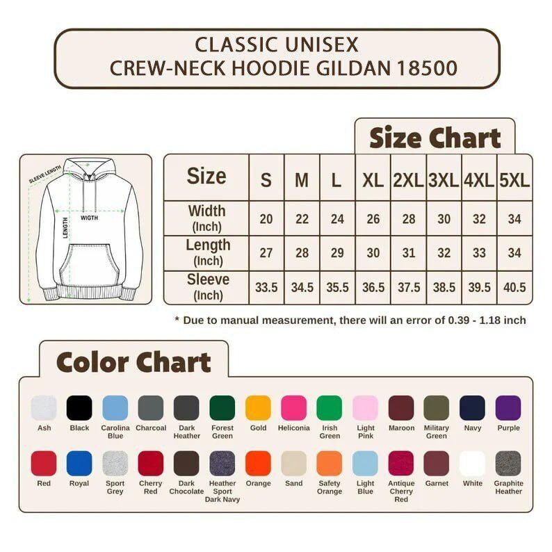 May include: Image of a unisex crew-neck hoodie with a size chart and colour chart. The size chart provides measurements in inches for width, length, and sleeve length. The colour chart displays a range of colours, such as black, blue, green, and red.