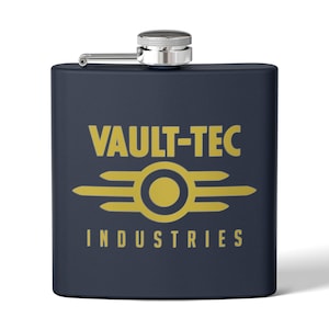 May include: A navy blue flask with a silver cap and hinge. The flask features the words "VAULT-TEC INDUSTRIES" in gold lettering, along with a gold logo. The flask is rectangular and has a smooth surface.