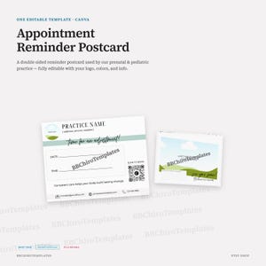 May include: A double-sided appointment reminder postcard template featuring a white background with green landscape graphics. The text includes Appointment Reminder Postcard, Practice Name, Time for an adjustment, and a QR code for booking.