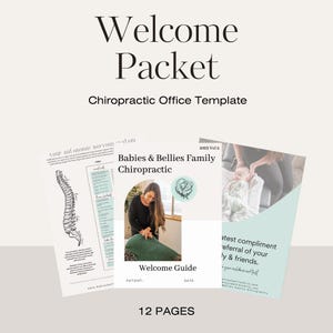 Puede incluir: Un paquete de bienvenida para una consulta quiropráctica, con el texto "Welcome Packet" y "Chiropractic Office Template". El paquete incluye una guía de bienvenida, un diagrama del sistema nervioso y una foto de un bebé. También se ven las palabras "Babies & Bellies Family Chiropractic".
