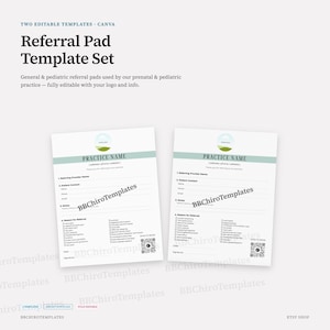 Peut inclure: Deux modèles de formulaires de recommandation modifiables pour cabinets généralistes et pédiatriques. Les feuilles blanches présentent un en-tête vert, un espace pour logo, des champs d'informations patient, une liste de motifs et un QR code.