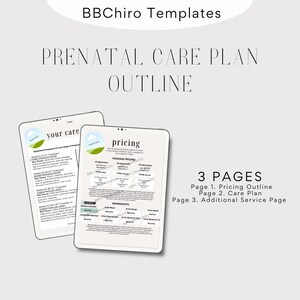 Könnte beinhalten: Zwei digitale Tablets mit einer Umrisszeichnung eines vorgeburtlichen Pflegeplans. Die Tablets zeigen den Text "your care" und "pricing". Das Bild enthält auch den Text "3 PAGES" und eine Liste der im Plan enthaltenen Seiten.