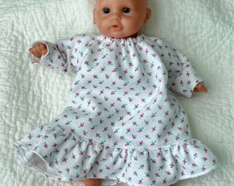 12-13 in Doll Clothes, Long Flannel Nightgown Fits Dolls Like Corolle, Melissa Doug, Huggums, Wee Baby Stella, Pink Rosebuds, Easy to Put On