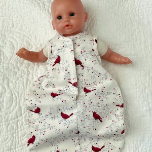 12-13 in Doll Clothes, Cozy Flannel Sleep Sack Fits Dolls Like Corolle, Melissa Doug, Reborn, Wee Baby Stella, Baby Alive, Holiday Cardinals