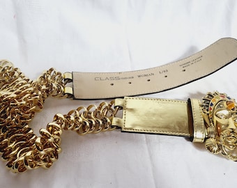 Vintage Roberto Cavalli Gold Chain Belt – Italian Leather Sun Mask Buckle, Size L