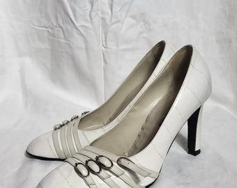Vintage White Leather Pumps, Crocodile Embossed Heels, Size 39 EU