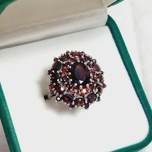 Könnte beinhalten: Silberring mit einem Cluster aus roten Edelsteinen. Der Ring hat einen großen, oval geformten Mittelstein, der von kleineren, runden und oval geschliffenen Steinen umgeben ist. Präsentiert in einer grün mit Samt ausgekleideten Schatulle.