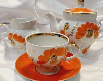 Vintage Ukrainian Porcelain Tea Set • Baranivka Orange Mallow Flowers, Gold Trim