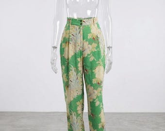 Vintage 2000s Marithé François Girbaud Floral Pants, Green Wide Leg Trousers, Made in Italy Designer Y2K Summer Pants, Size EU 36 / US 4