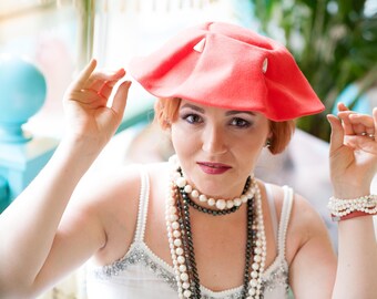 Vintage French Felt Hat – Amastro Création de Paris – Red Sculptural Wide Brim – 1960s