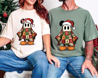 Fall Halloween shirt, ghost mickey and Minnie patchwork pumpkin t-shirt, vintage spooky season, Disney matching couple, Couple Christmas