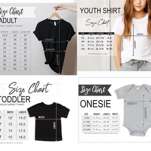 May include: A size chart for adult unisex jersey t-shirts, youth shirts, toddler jersey t-shirts, and onesies. Measurements are in inches. The adult chart includes sizes XS to 5XL. The youth chart includes sizes YS to YXL. The toddler chart includes sizes 2T to 5T.