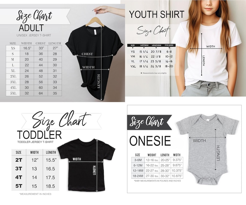 May include: A size chart for adult unisex jersey t-shirts, youth shirts, toddler jersey t-shirts, and onesies. Measurements are in inches. The adult chart includes sizes XS to 5XL. The youth chart includes sizes YS to YXL. The toddler chart includes sizes 2T to 5T.