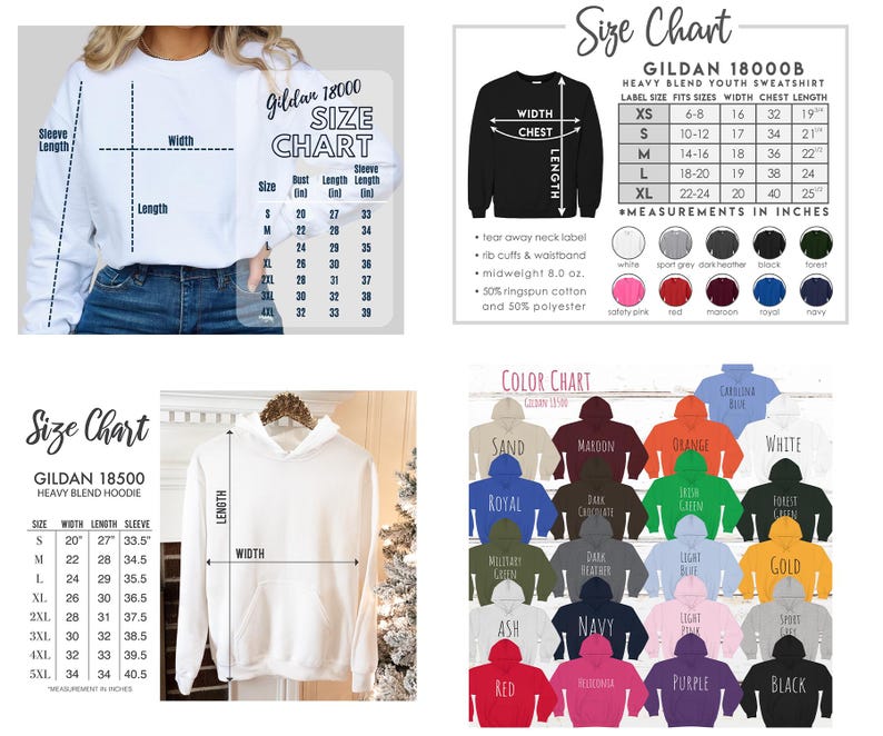 May include: Image featuring size charts for Gildan 18000, 18000B, and 18500 apparel. The charts display measurements in inches for various sizes of sweatshirts and hoodies, including width, length, and sleeve length. Color options are also shown.