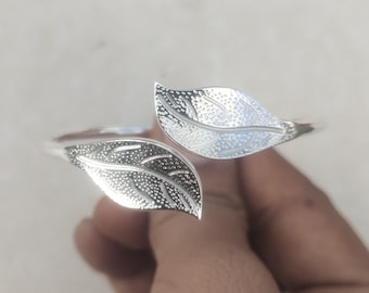Leaf Sterling Silver Bangle: Adjustable Handmade Botanical