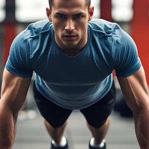 Puede incluir: Un hombre con camiseta azul y pantalones cortos negros haciendo flexiones en el suelo de un gimnasio. La imagen tiene el texto "90 Day Health and Hypertrophy Program" en la parte superior y la palabra "Overview" en la parte inferior.