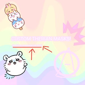 May include: A digital graphic on a pastel rainbow background featuring three stacked cartoon characters, a white round creature, a pink starburst, and a pink circle with an A inside. Text reads CUSTOM THERIAN MASKS! and dont buy message me first!