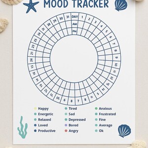 May include: A white mood tracker with a circular design, featuring days of the month and mood indicators. The text "MOOD TRACKER" is at the top, with the words "OCEAN MOOD TRACKER" at the bottom. Decorative seashells and a starfish are included.