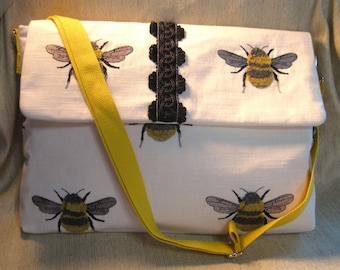 Small Bee Fabric Strap Messenger Bag - Handmade Bag, One of a Kind