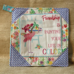Patchwork Potholders Friendship Color Flamingo – 8x8" Square + Handy 2" Loop