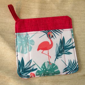 Upcycled Potholders Flamingos in Leaves – 8x8" Square + Handy 2" Loop