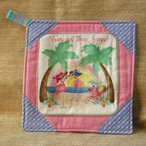 Patchwork Potholders Fun Sun Flamingos – 8x8" Square + Handy 2" Loop