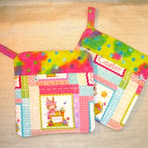 Handmade Easter Jellybean Bunnies Potholders: Easter Kitchen Decor, pair