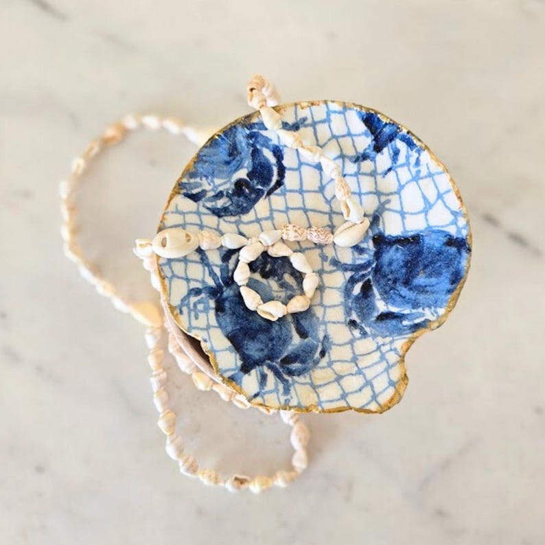 Chinoiserie Shell Ring Dish, Cute Coastal Blue Toile Summer Seashell ...