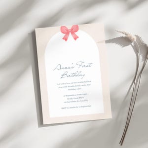 Coquette First Birthday Invitation: Pink Bow Theme, Printable Card (Canva Template)