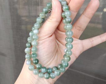 Icy Light Green Burmese Jadeite Beaded Necklace - Grade A Natural Jade Jewelry, 8mm Jade Beads 冰绿翡翠珠串项鍊