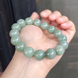 Icy Green Jadeite Beaded Bracelet – Certified Grade A Burmese Natural Gemstone Jewelry, 13mm Jade Beads 冰菠菜绿翡翠珠串手串
