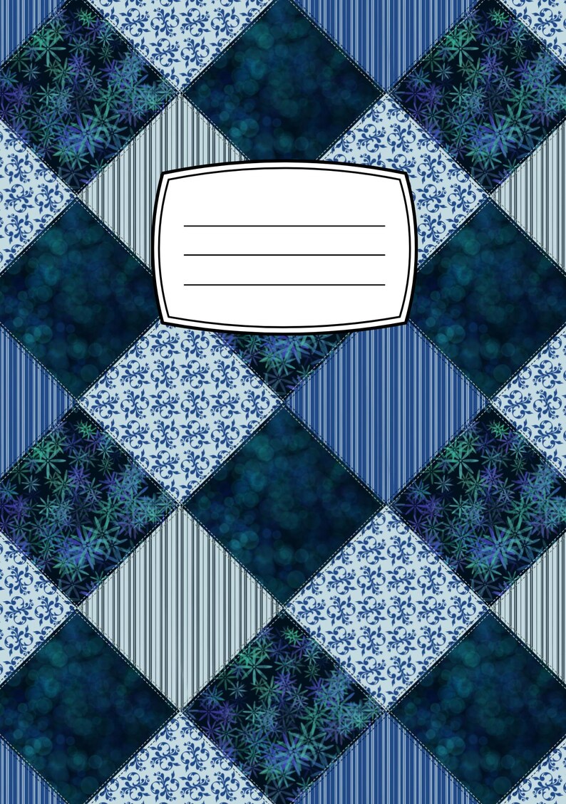 May include: A notebook cover featuring a blue diamond-shaped patchwork pattern with alternating designs including dark blue bokeh, light blue floral scrolls, and vertical stripes. A white rectangular label with four horizontal lines is centered.