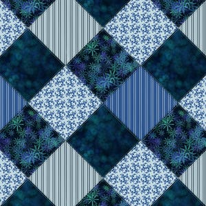 May include: A quilt pattern featuring a repeating diamond grid of four distinct fabric designs: a light blue floral damask, a dark navy blue bokeh effect, a light blue vertical pinstripe, and a dark navy blue with a teal starburst pattern.