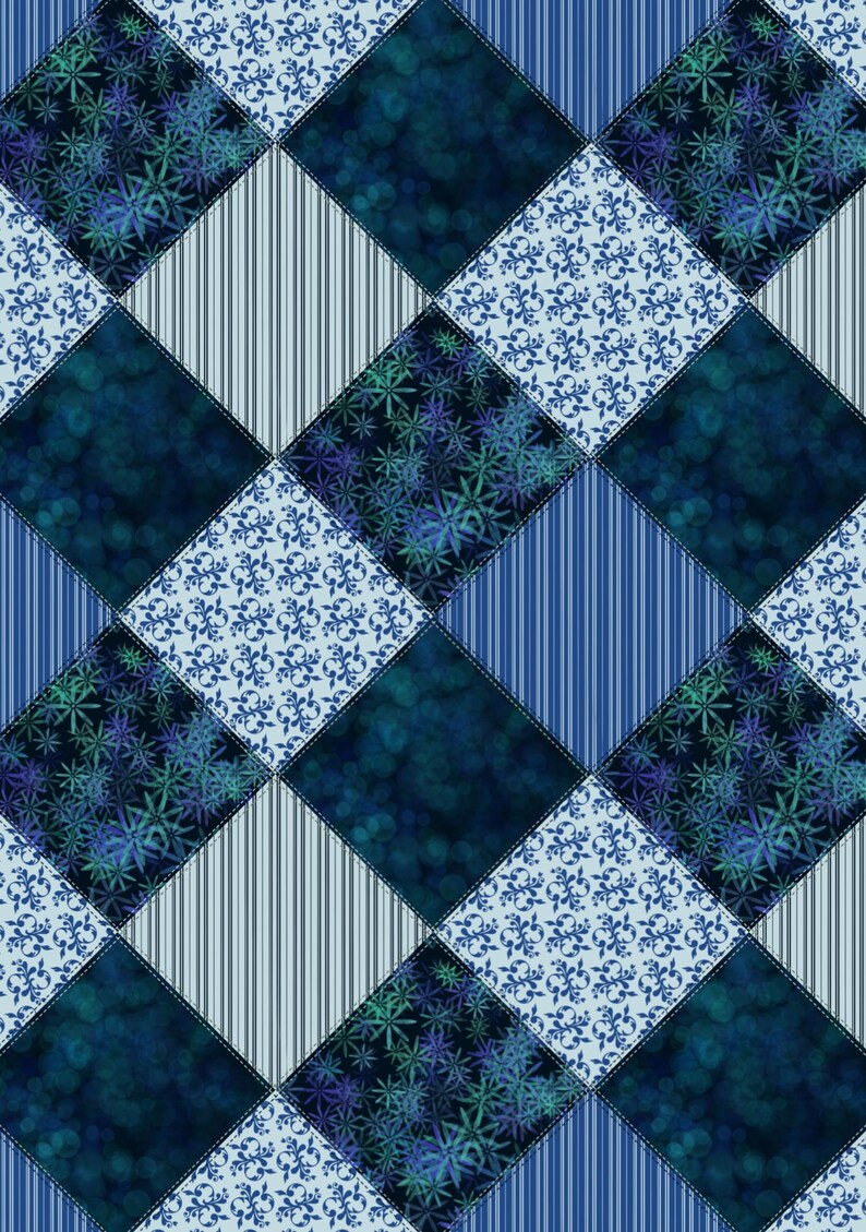 May include: A quilt pattern featuring a repeating diamond grid of four distinct fabric designs: a light blue floral damask, a dark navy blue bokeh effect, a light blue vertical pinstripe, and a dark navy blue with a teal starburst pattern.
