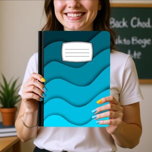 May include: A rectangular notebook featuring a cover with layered, wavy abstract patterns in shades of dark blue, teal, and bright cyan. The cover includes a centered white rectangular label with three horizontal lines for writing text.