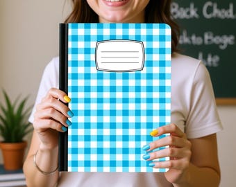 Blue Gingham Notebook Cover Sticker | Coastal Preppy Vinyl Wrap